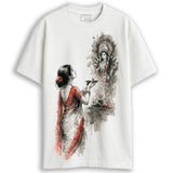 Durga Puja t-shirt - Devi Aarti oversized white cotton tee with watercolor illustration of woman performing aarti