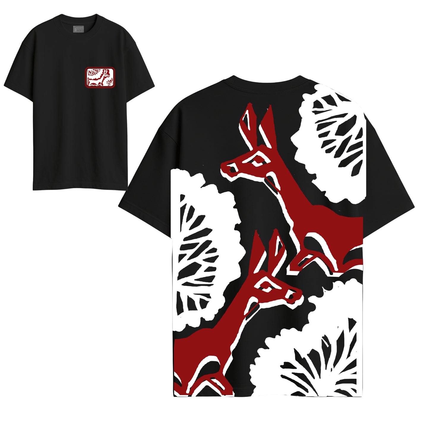 Front and back of Deer Sahaj Path T-Shirt showing small chest graphic and large Bengali deer artwork on oversized black cotton tee.