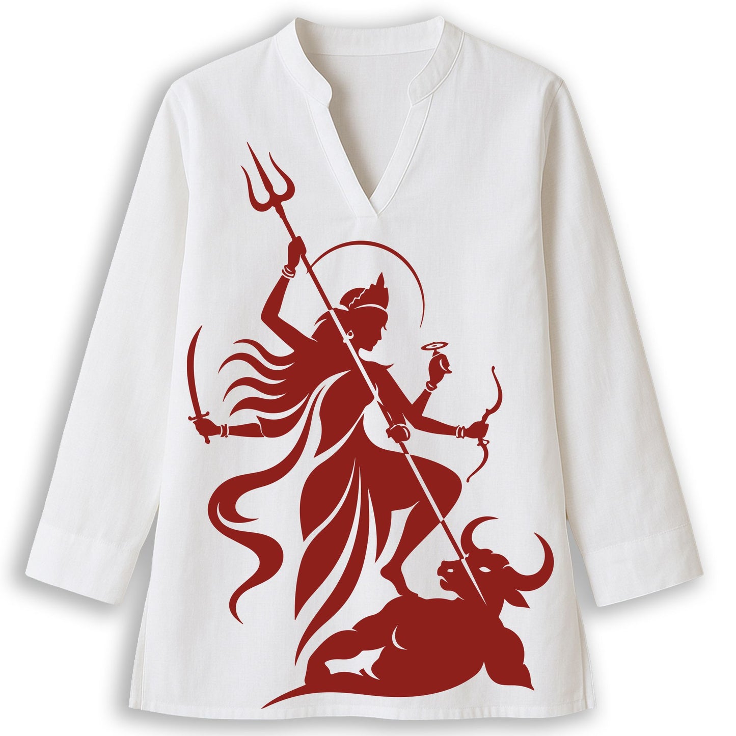 Mahishasuramardini short kurti front view — bold crimson Durga silhouette on white cotton kurti, Durga Puja 2026 women's wear by Smarteez