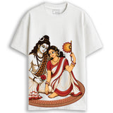 Man wearing Durga Puja t-shirt - Shiv-Parvati oversized white cotton tee with illustrated Shiva and Parvati print