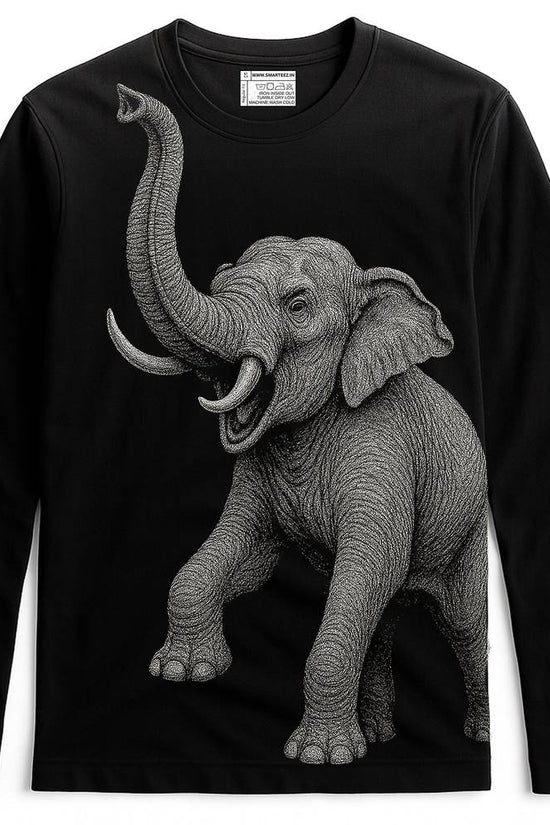 Elephant T-Shirt - Indian Elephant Collection | Wildlife Graphic featuring a detailed grey elephant illustration on a black full sleeves unisex tee.