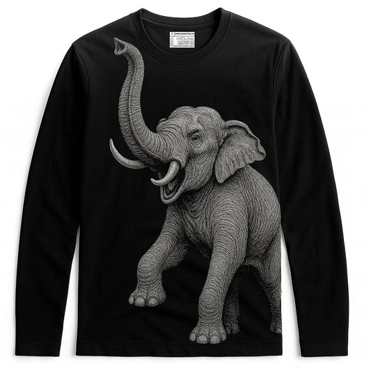 Elephant T-Shirt - Indian Elephant Collection | Wildlife Graphic featuring a detailed grey elephant illustration on a black full sleeves unisex tee.