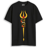 Durga Puja t-shirt in black - Debi Trishul oversized cotton tee with gold trishul and Bengali script design, flat lay