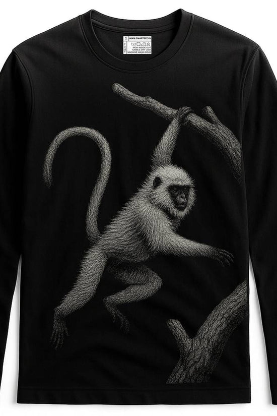 Wildlife T-Shirt - Hanuman Langur Design | Unisex Fit featuring a detailed white Hanuman langur swinging on branches, printed on a black full sleeves tee.