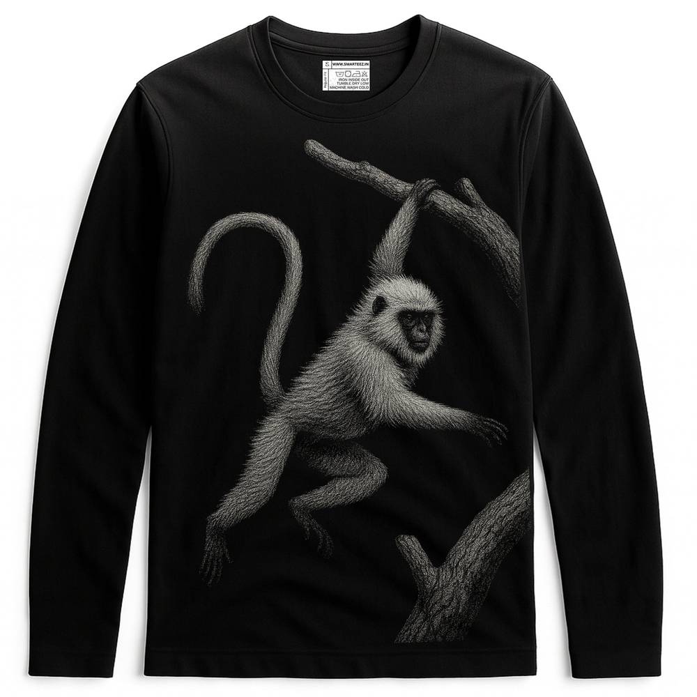 Wildlife T-Shirt - Hanuman Langur Design | Unisex Fit featuring a detailed white Hanuman langur swinging on branches, printed on a black full sleeves tee.