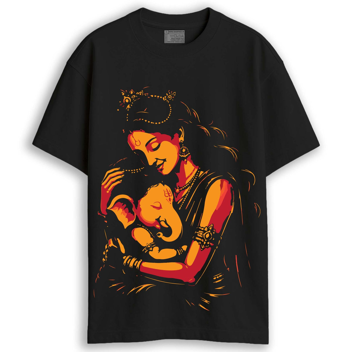 Man wearing Durga Puja t-shirt - Devi and Ganesha oversized black cotton tee with orange-red illustrated print