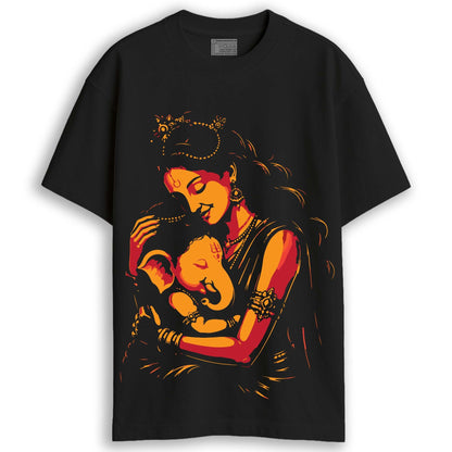Man wearing Durga Puja t-shirt - Devi and Ganesha oversized black cotton tee with orange-red illustrated print