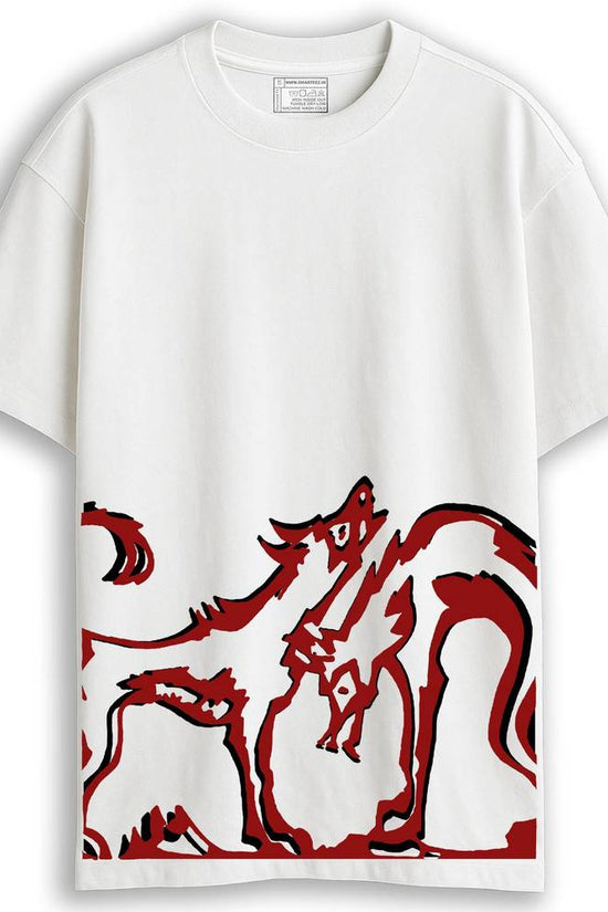 Bengali Graphic T-Shirt - Sahaj Path T-Shirt featuring bold red and black artwork on white oversized cotton fabric with a drop-shoulder fit.