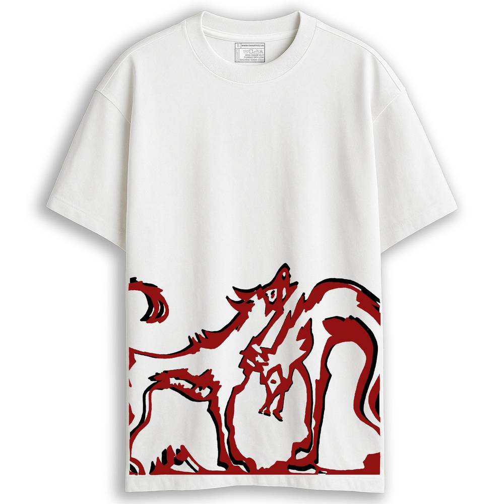 Bengali Graphic T-Shirt - Sahaj Path T-Shirt featuring bold red and black artwork on white oversized cotton fabric with a drop-shoulder fit.