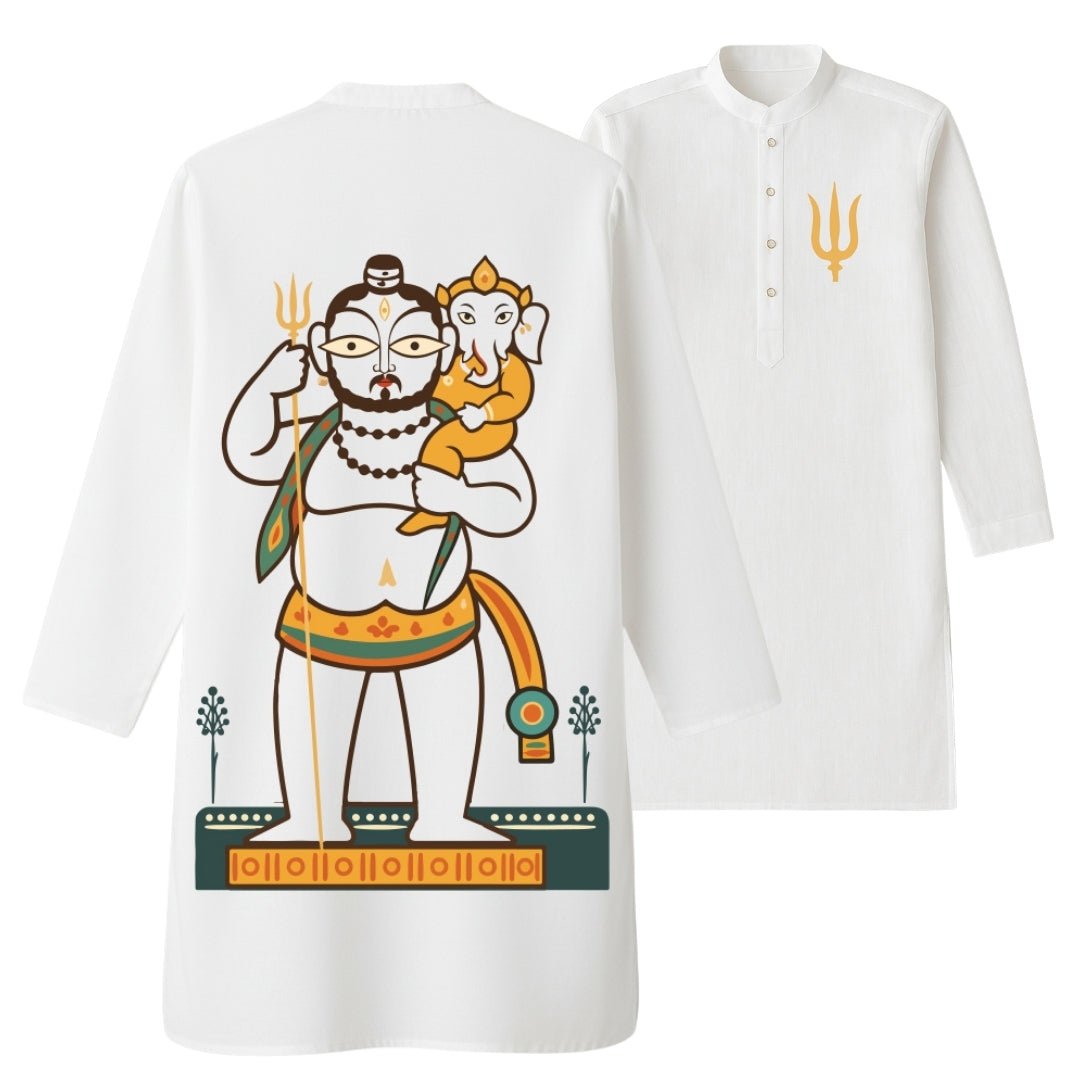 Shiva Ganesha panjabi laid flat, back with Shiva and Ganesha print beside front with golden trishul