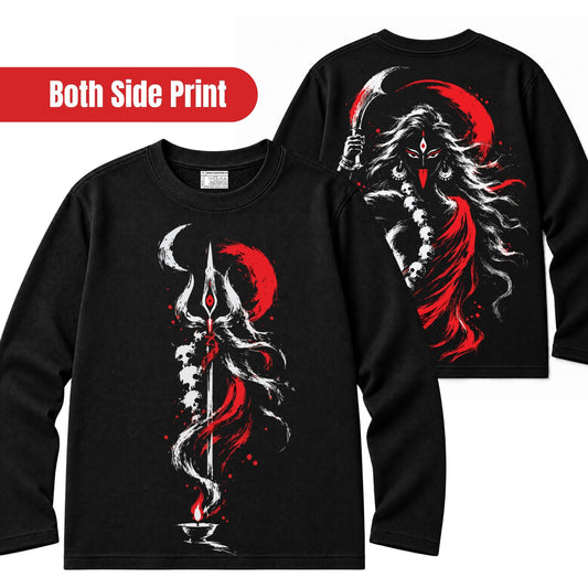 Black 240 GSM French terry full sleeves T-shirt with Shyama Maa Kali both side print, trishul artwork on the front and Maa Kali artwork on the back, Kali Puja special