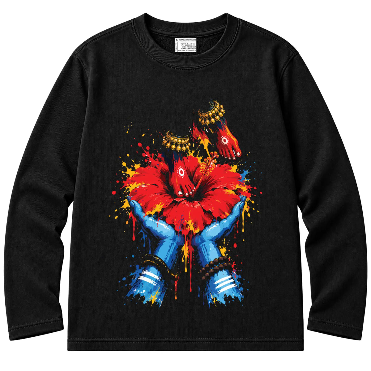 Mon Keno Mayer Charanchara black 240 GSM French terry cotton full sleeves T-shirt, front view with red hibiscus and alta-painted feet artwork, unisex, Kali Puja
