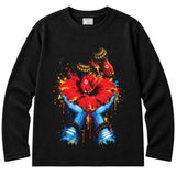 Mon Keno Mayer Charanchara black 240 GSM French terry cotton full sleeves T-shirt, front view with red hibiscus and alta-painted feet artwork, unisex, Kali Puja