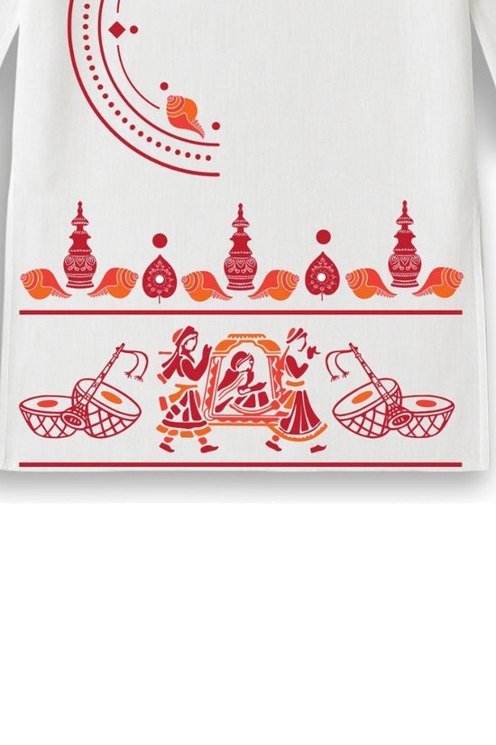 Close-up of Bodhu Boron kurta's lower panel showcasing intricate red cultural motifs like dhol, palki, and dancers, printed on breathable cotton.