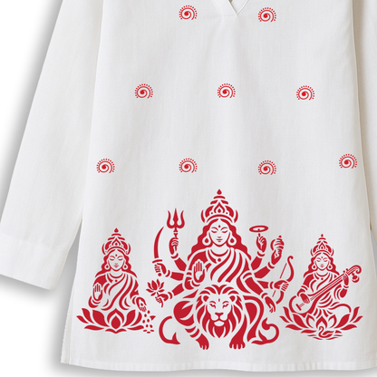 Trishakti - Durga, Lakshmi & Saraswati Print on White Cotton Short Kurti for Women