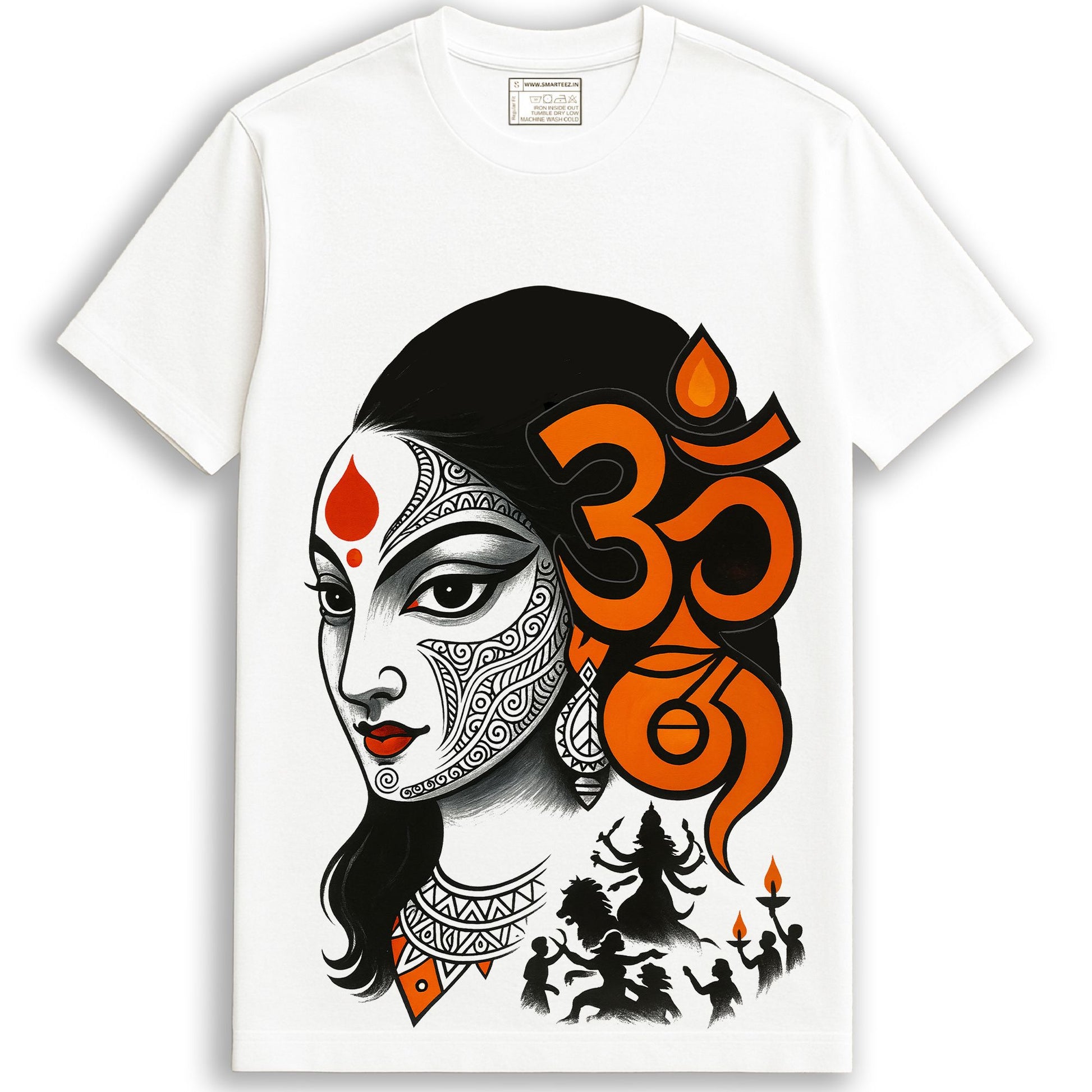 Close-up of Om Shakti T-shirt graphic print showing detailed Durga face illustration and worshipper silhouettes