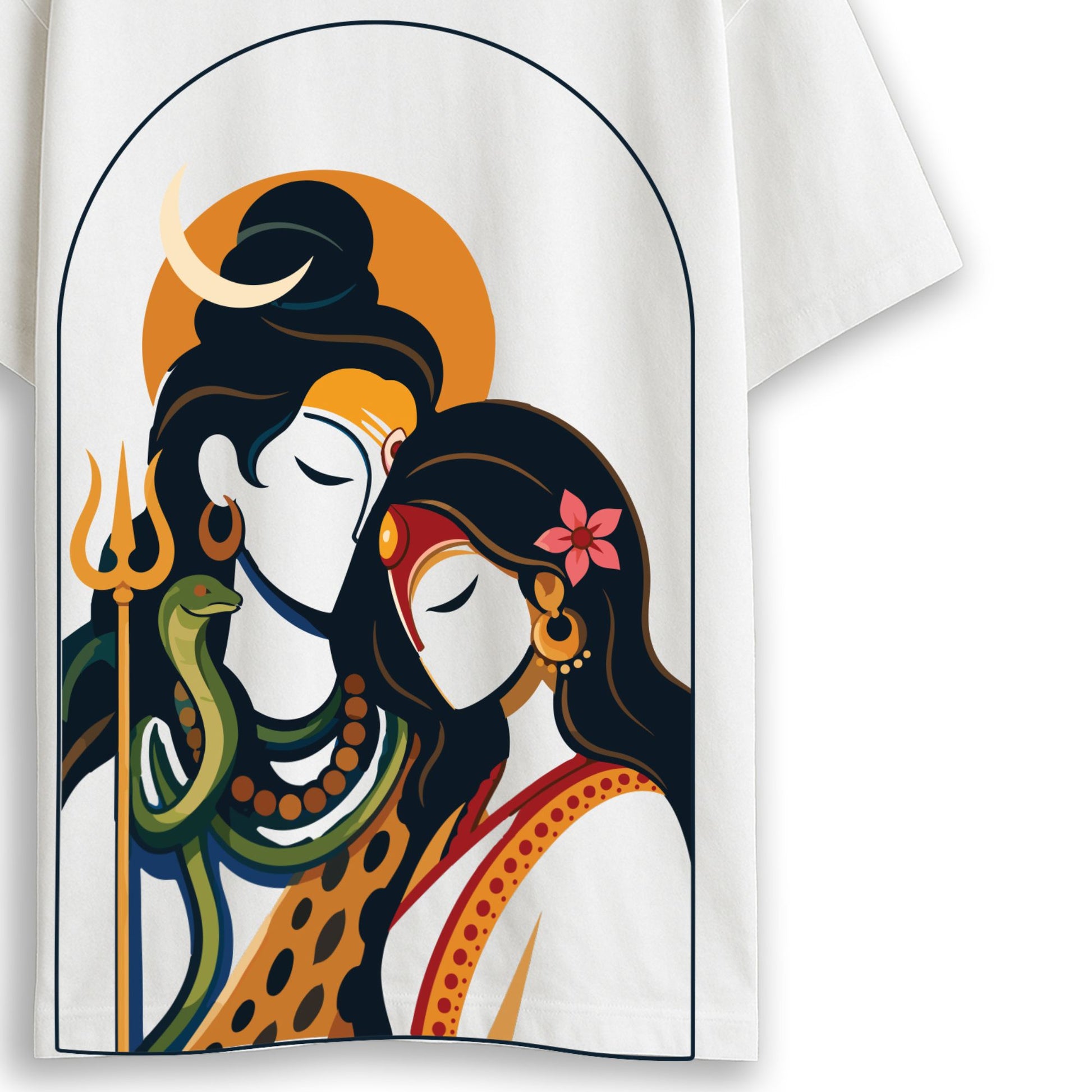 White Gauri Shankar oversized T-shirt featuring bold flat-illustration Shiva and Parvati artwork in an arched frame