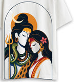 White Gauri Shankar oversized T-shirt featuring bold flat-illustration Shiva and Parvati artwork in an arched frame