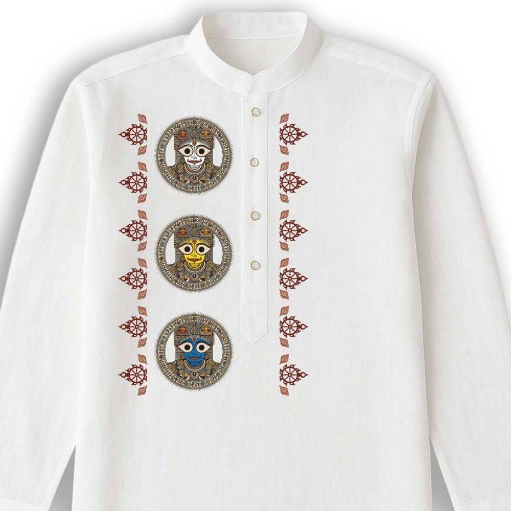 Front view of white cotton Kurta with detailed Jagannath, Balabhadra, Subhadra embroidery