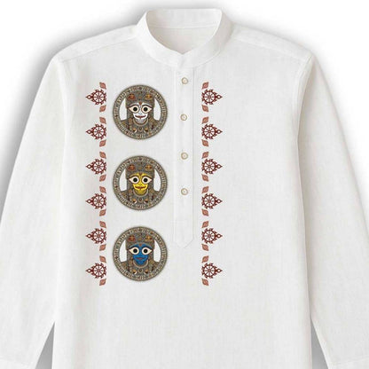 Front view of white cotton Kurta with detailed Jagannath, Balabhadra, Subhadra embroidery