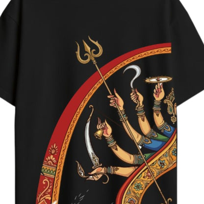 Back-print detail of Durga Pattachitra oversized tee — eight arms with trishul, chakra, khadga in Pattachitra style on black