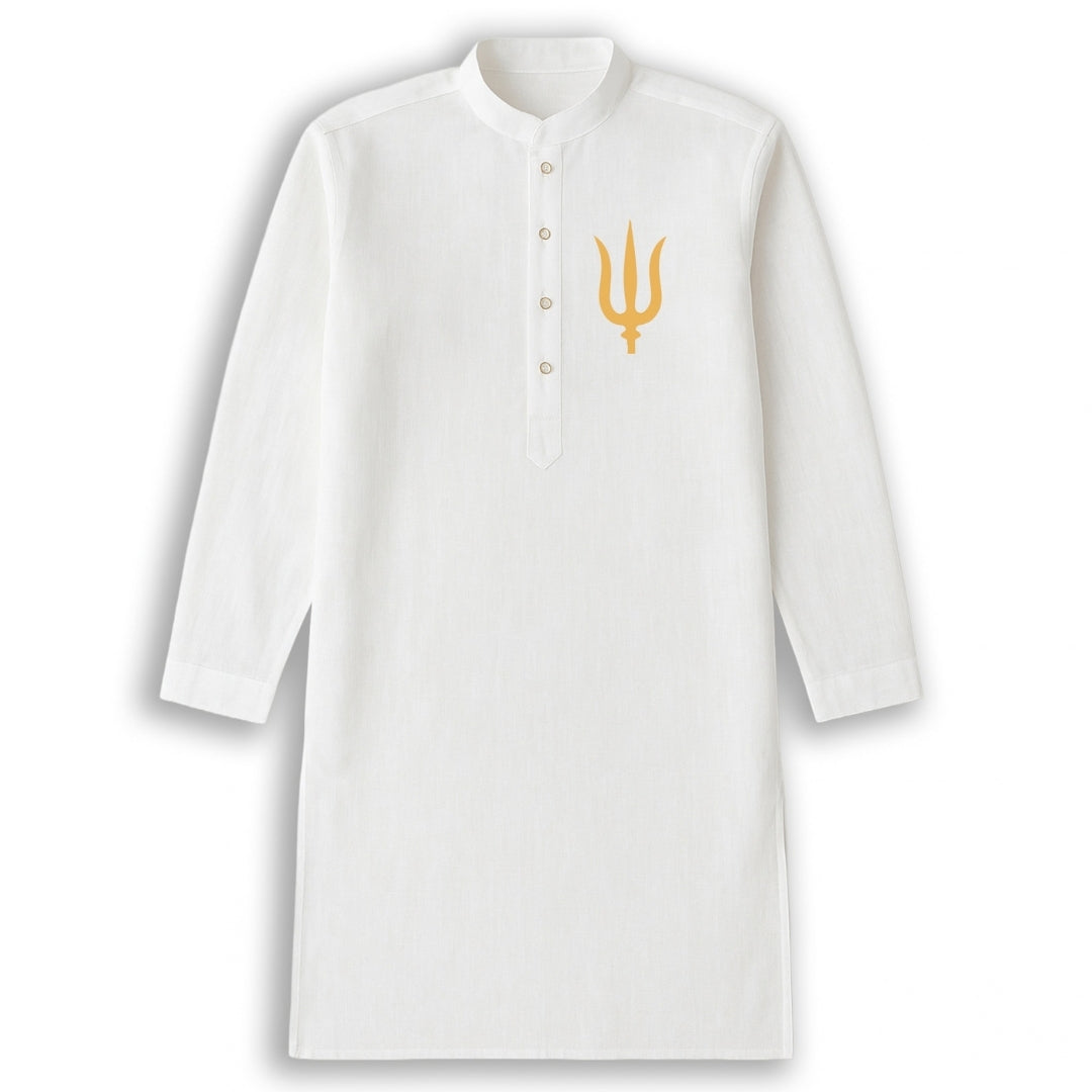 White Shiva Ganesha panjabi front flat lay with golden trishul on the chest and mandarin collar