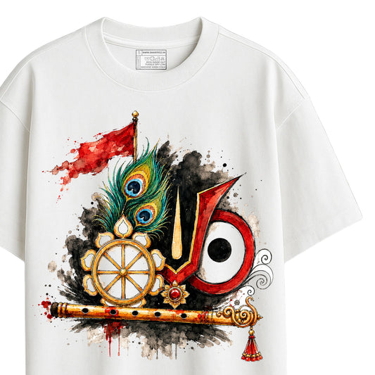 
Close-up of Lord Jagannath oversized t-shirt showing watercolour netra, gold Chakra, peacock feathers and bansuri art print detail