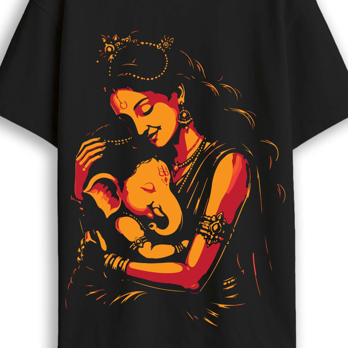 Durga Puja t-shirt close-up - Devi and Ganesha print showing Devi cradling baby Ganesha in bold duotone detail