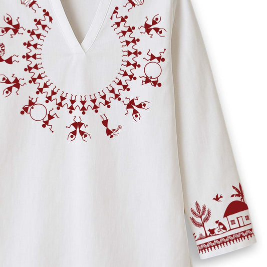 Warli Dance Kurti — Tribal Folk Art Necklace Print on White Short Kurti