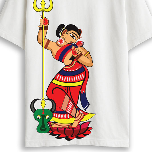 Durga Puja t-shirt close-up - Mahishasur Mardini print showing Kalighat-pat style Devi and trishul artwork