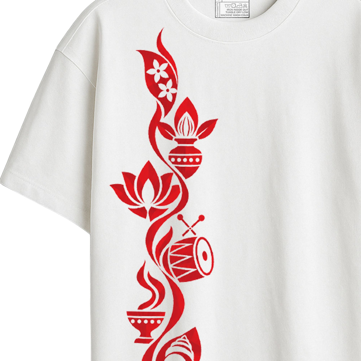 Close-up of Puja Upachar Oversized T-Shirt print detail showing ghot, dhunuchi and shankha ritual motifs