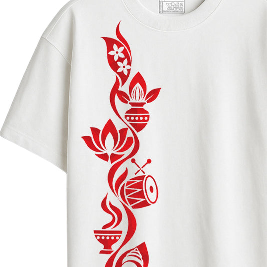 Close-up of Puja Upachar Oversized T-Shirt print detail showing ghot, dhunuchi and shankha ritual motifs