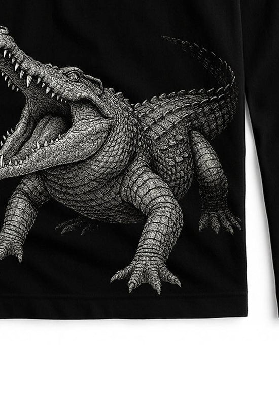 Sundarban Crocodile Tee with fierce crocodile artwork on black full sleeves cotton shirt, ideal for wildlife enthusiasts and collectors.