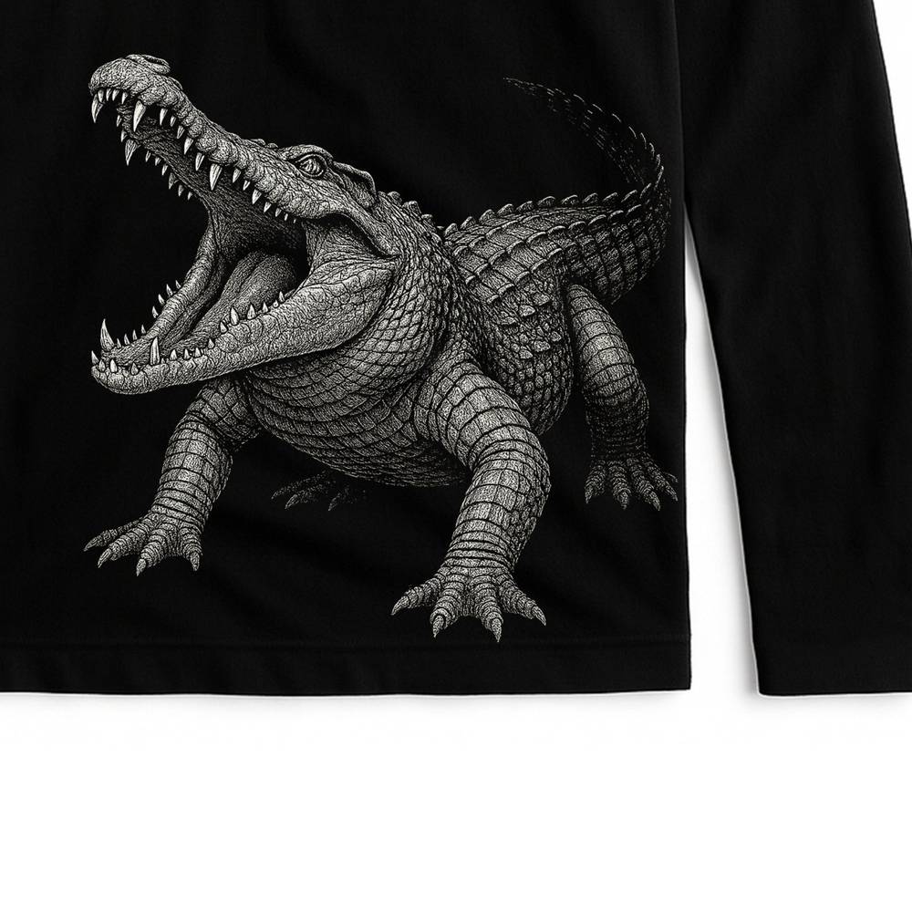 Sundarban Crocodile Tee with fierce crocodile artwork on black full sleeves cotton shirt, ideal for wildlife enthusiasts and collectors.