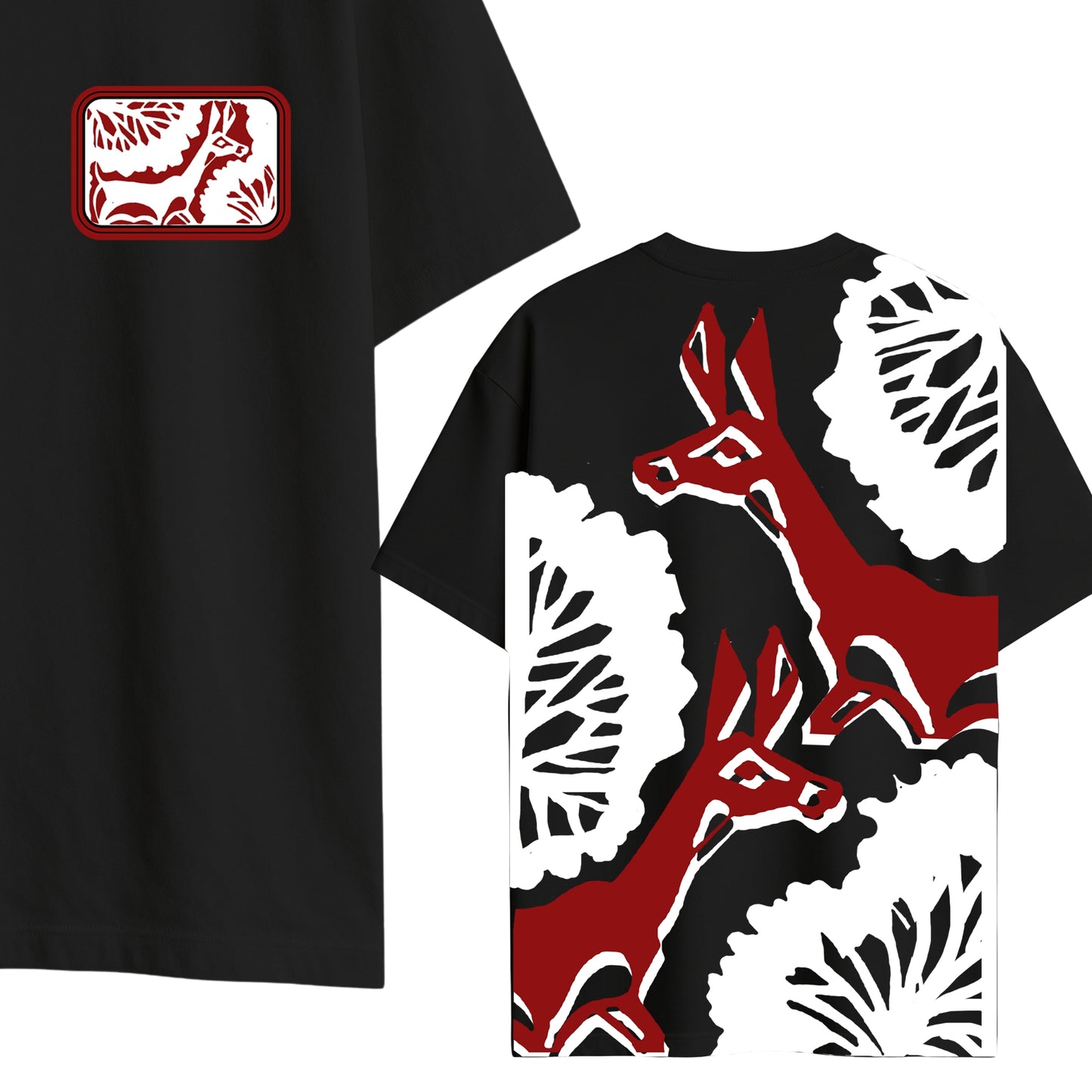 Close-up of Deer Sahaj Path T-Shirt highlighting intricate Bengali deer design on back and chest patch on black oversized cotton tee.