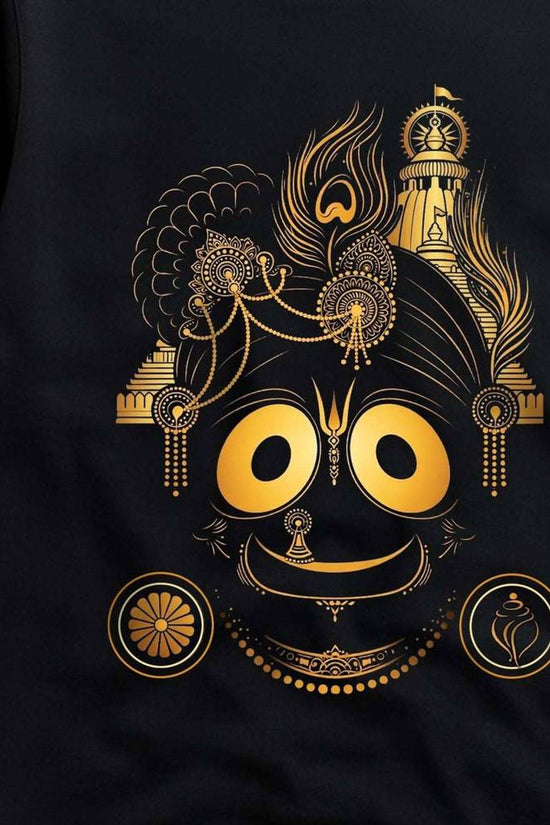 Close-up of Lord Jagannath golden minimalist graphic on a black 220 GSM oversized t-shirt by Smarteez.
