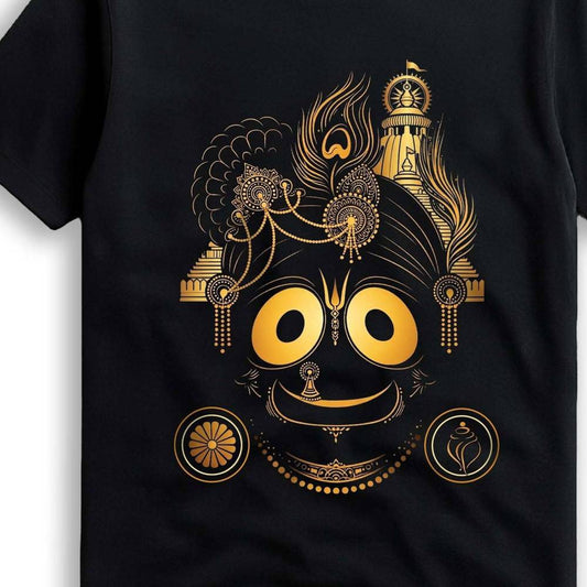 Close-up of Lord Jagannath golden minimalist graphic on a black 220 GSM oversized t-shirt by Smarteez.