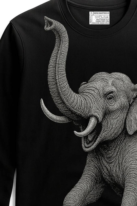 Elephant T-Shirt - Indian Elephant Collection | Wildlife Graphic featuring a detailed grey elephant illustration on a black full sleeves unisex tee.