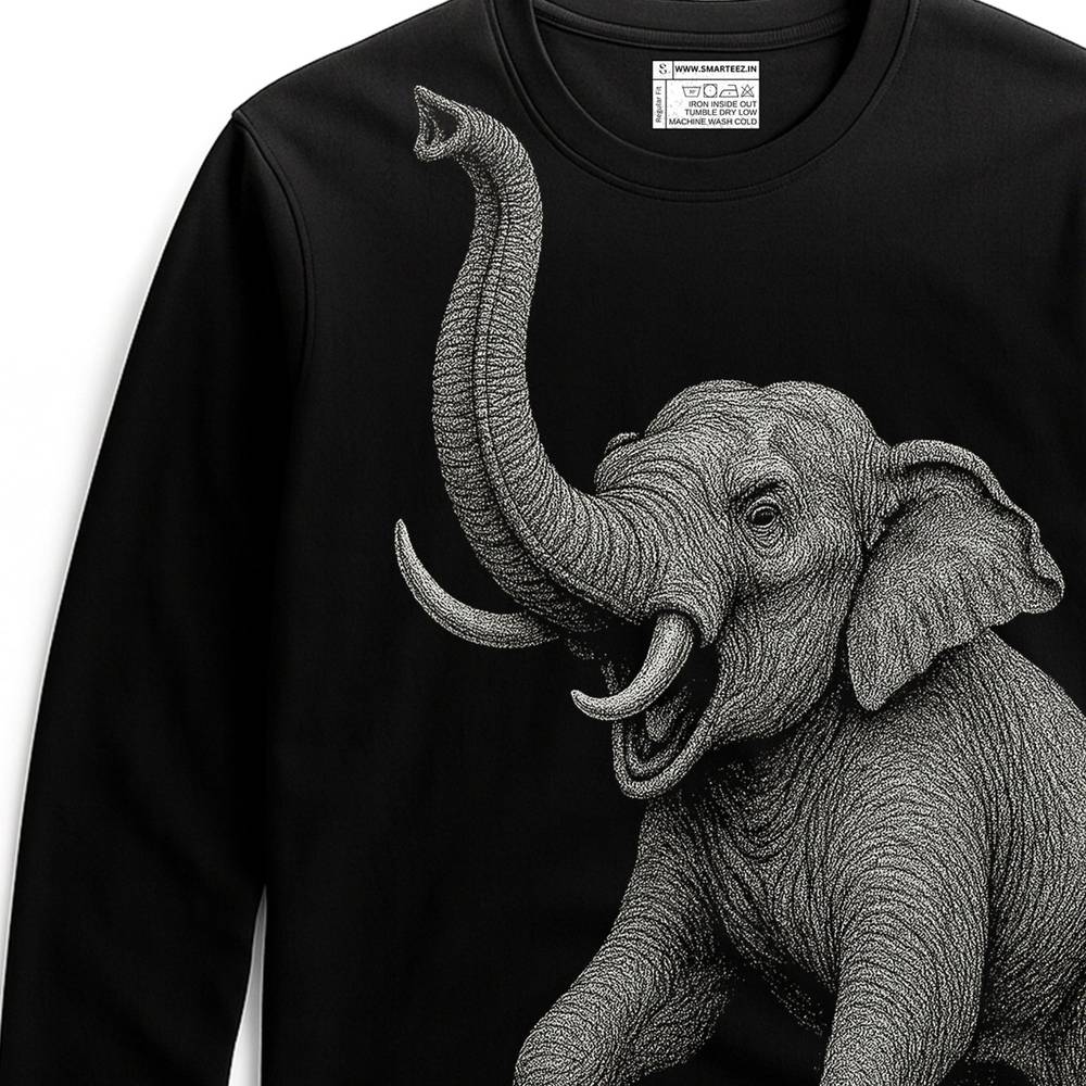Elephant T-Shirt - Indian Elephant Collection | Wildlife Graphic featuring a detailed grey elephant illustration on a black full sleeves unisex tee.