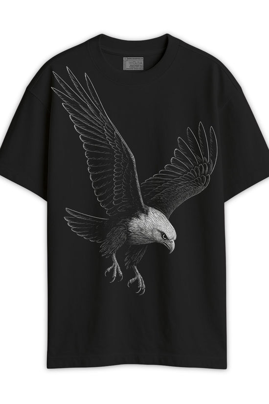 Eagle Strike T-Shirt - Eagle tshirt | Oversized, unisex, streetwear in black featuring a bold white eagle graphic on front, ideal for sports fans.