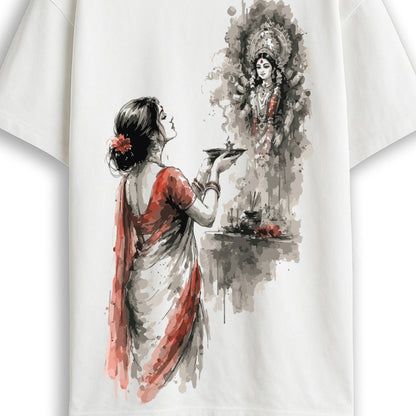 Durga Puja t-shirt close-up - Devi Aarti print showing watercolor detail of Devi's idol and puja thali