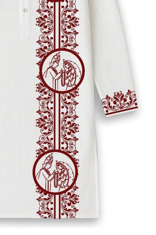 Subho Drishti Wedding Kurta in premium cotton featuring traditional Bengali bride and groom motifs with intricate red embroidery on white fabric.