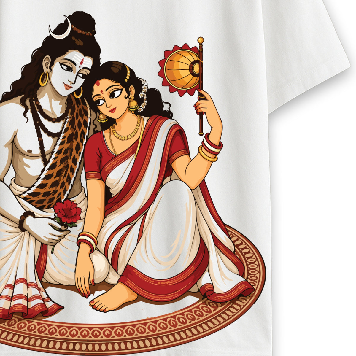 Durga Puja t-shirt close-up - Shiv-Parvati print showing Shiva and Parvati seated together with rangoli border detail