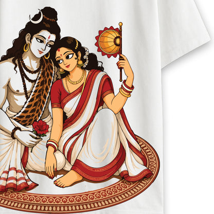 Durga Puja t-shirt close-up - Shiv-Parvati print showing Shiva and Parvati seated together with rangoli border detail