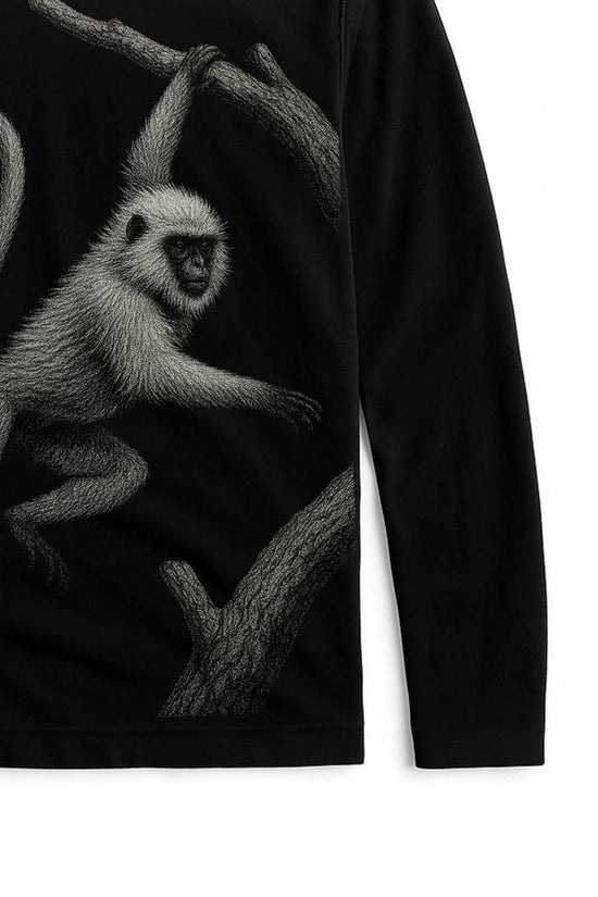 Wildlife T-Shirt - Hanuman Langur Design | Unisex Fit featuring a detailed white langur graphic on black full sleeves cotton fabric, ideal for nature lovers.