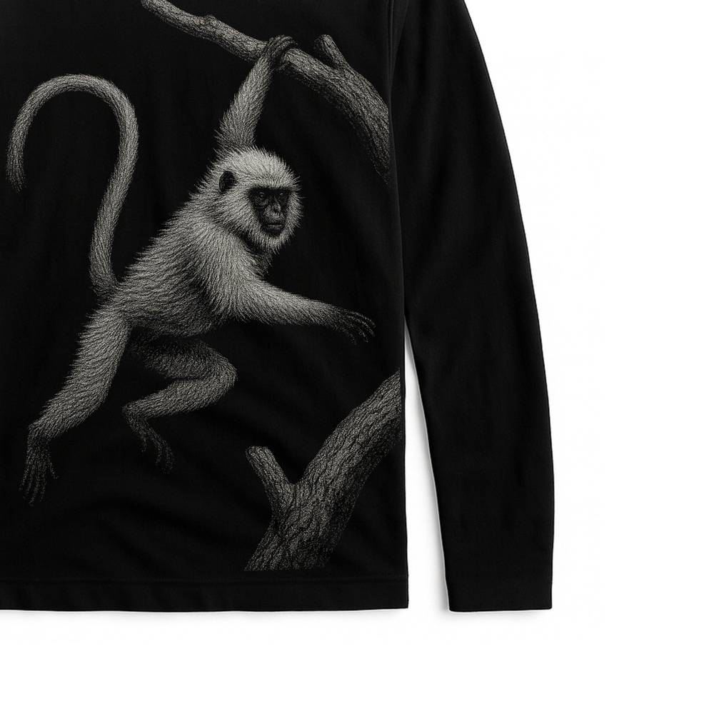 Wildlife T-Shirt - Hanuman Langur Design | Unisex Fit featuring a detailed white langur graphic on black full sleeves cotton fabric, ideal for nature lovers.