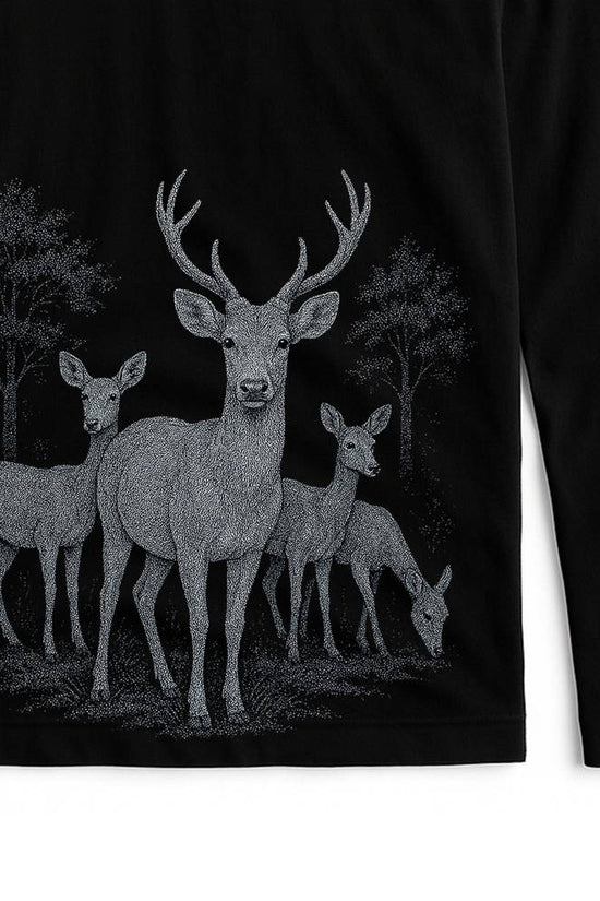 Deer T Shirt - Wildlife of Bengal design on black full sleeves cotton tee, featuring a detailed stag and deer herd in forest backdrop, unisex fit.