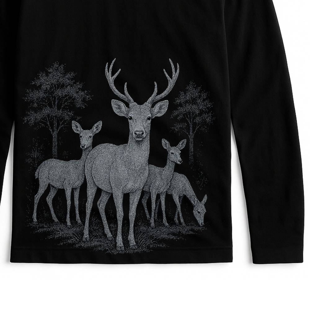 Deer T Shirt - Wildlife of Bengal design on black full sleeves cotton tee, featuring a detailed stag and deer herd in forest backdrop, unisex fit.