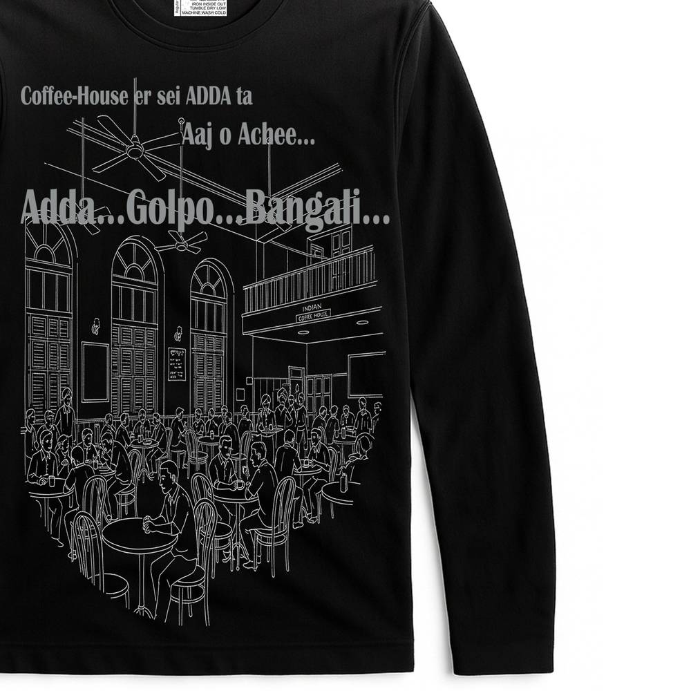 Coffee House T-Shirt - Song Inspired | Bengali Full Sleeves tee featuring Kolkata café adda scene with Bengali typography, unisex fit for music lovers.