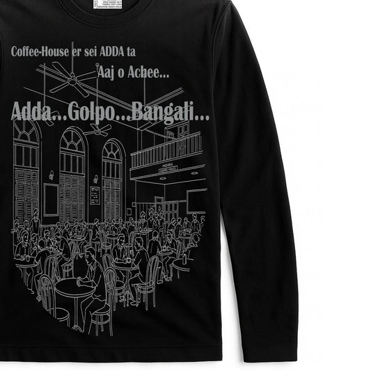 Coffee House T-Shirt - Song Inspired | Bengali Full Sleeves tee featuring Kolkata café adda scene with Bengali typography, unisex fit for music lovers.